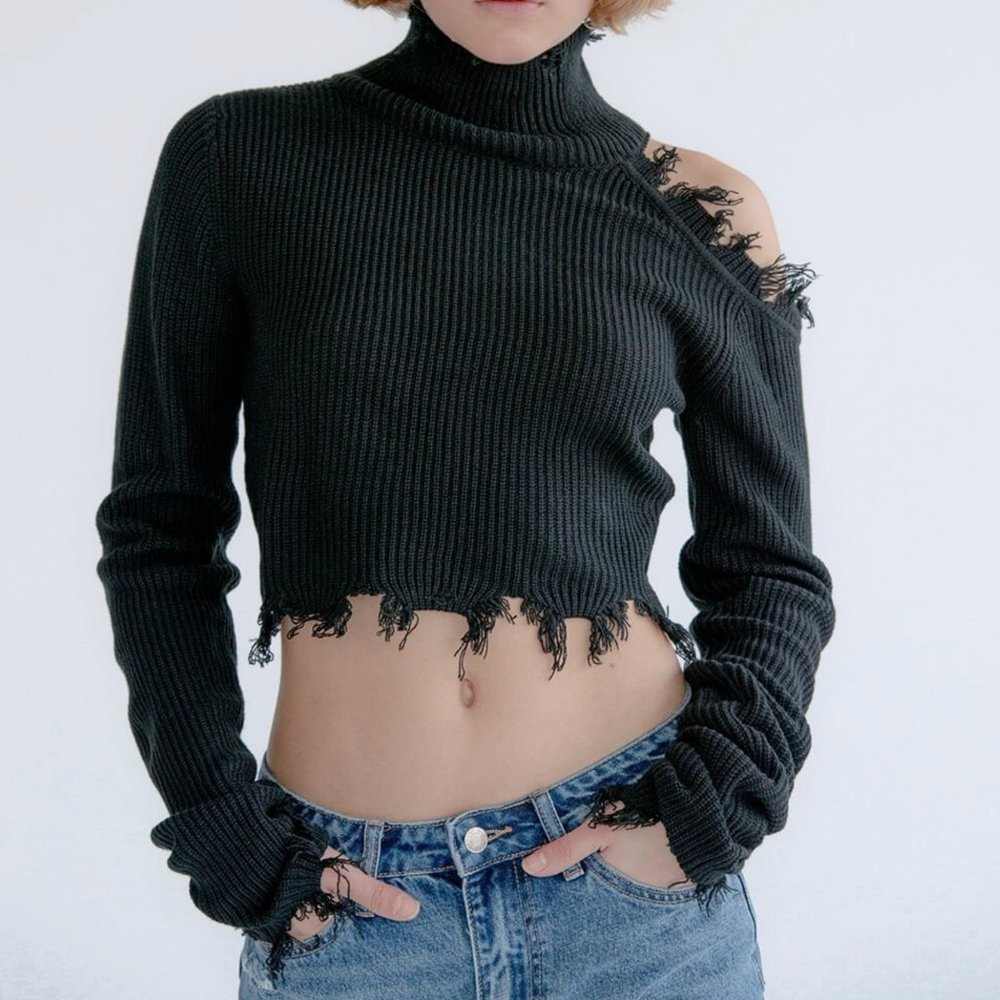 Chunky Knit Distressed Cropped Turtleneck with Cut-Out Black | Signature8 - Picture 1 of 4